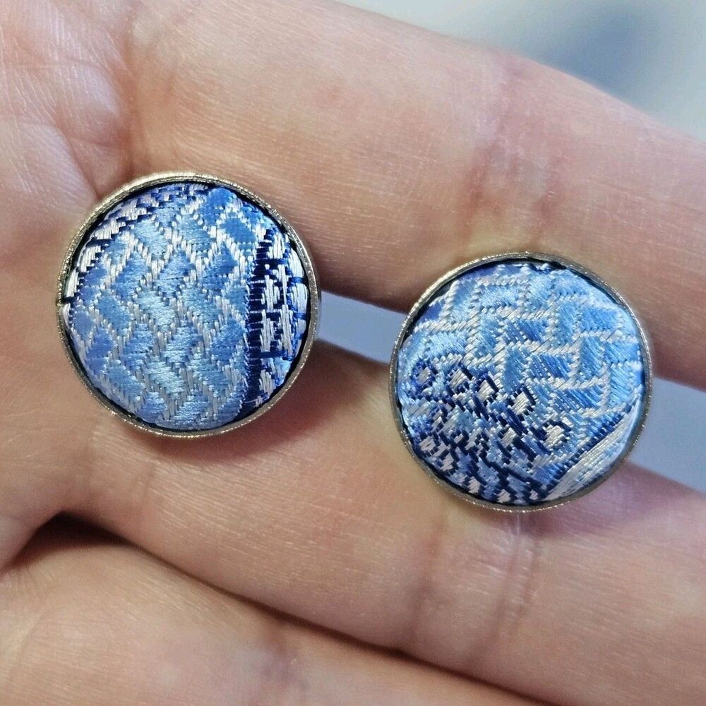 Silver Tone Blue And White Silky Fabric Round Cufflinks Vintage